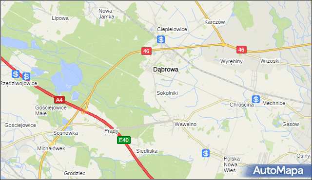 mapa Sokolniki gmina Dąbrowa, Sokolniki gmina Dąbrowa na mapie Targeo