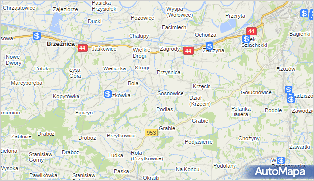 mapa Sosnowice gmina Brzeźnica, Sosnowice gmina Brzeźnica na mapie Targeo