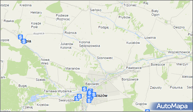 mapa Sosnowiec gmina Sędziszów, Sosnowiec gmina Sędziszów na mapie Targeo
