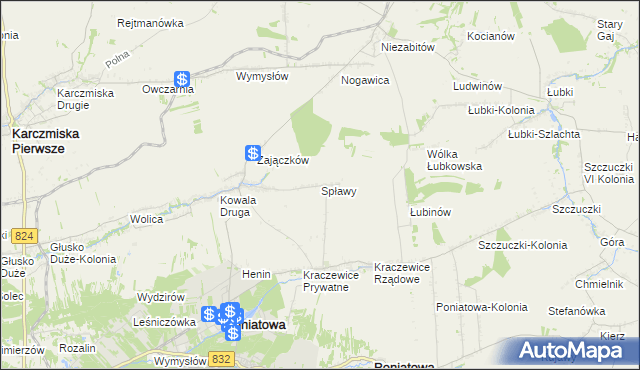 mapa Spławy gmina Poniatowa, Spławy gmina Poniatowa na mapie Targeo