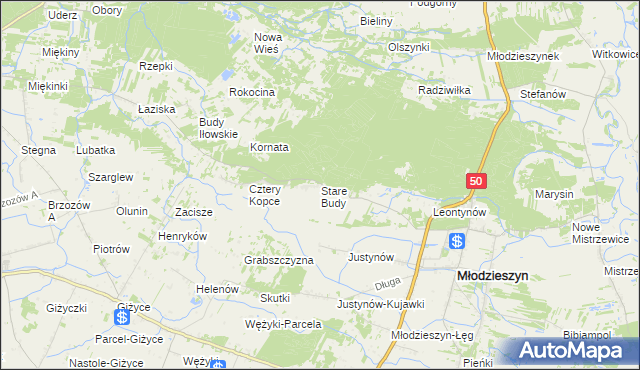 mapa Stare Budy gmina Młodzieszyn, Stare Budy gmina Młodzieszyn na mapie Targeo