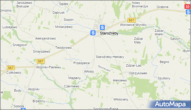 mapa Staroźreby-Hektary, Staroźreby-Hektary na mapie Targeo