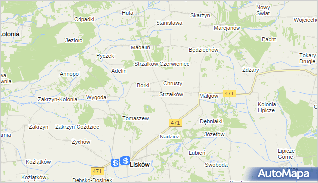 mapa Strzałków gmina Lisków, Strzałków gmina Lisków na mapie Targeo