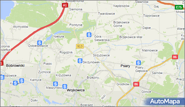 mapa Strzyżowice gmina Psary, Strzyżowice gmina Psary na mapie Targeo