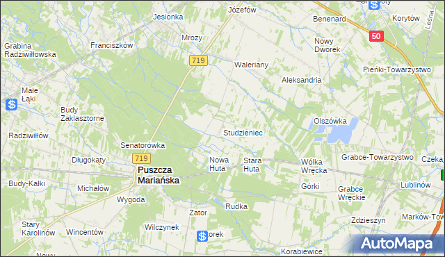 mapa Studzieniec gmina Puszcza Mariańska, Studzieniec gmina Puszcza Mariańska na mapie Targeo