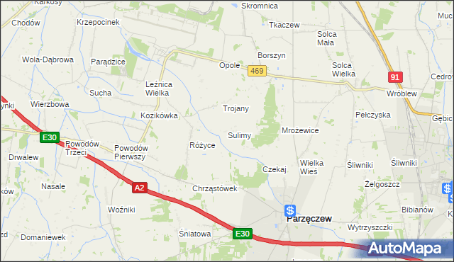 mapa Sulimy gmina Parzęczew, Sulimy gmina Parzęczew na mapie Targeo