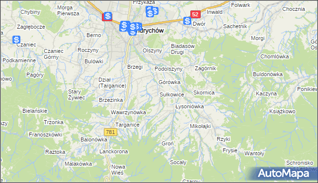 mapa Sułkowice gmina Andrychów, Sułkowice gmina Andrychów na mapie Targeo