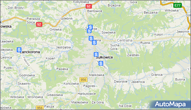 mapa Sułkowice powiat myślenicki, Sułkowice powiat myślenicki na mapie Targeo