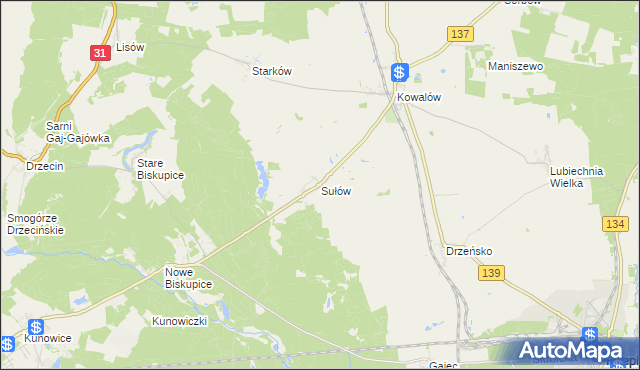 mapa Sułów gmina Rzepin, Sułów gmina Rzepin na mapie Targeo