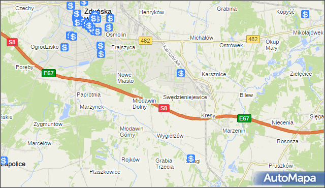 mapa Swędzieniejewice, Swędzieniejewice na mapie Targeo