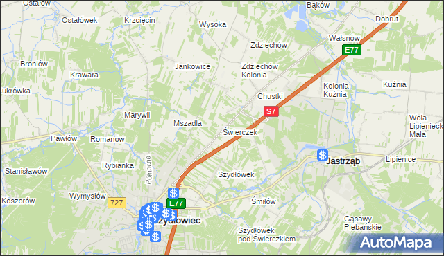 mapa Świerczek gmina Szydłowiec, Świerczek gmina Szydłowiec na mapie Targeo
