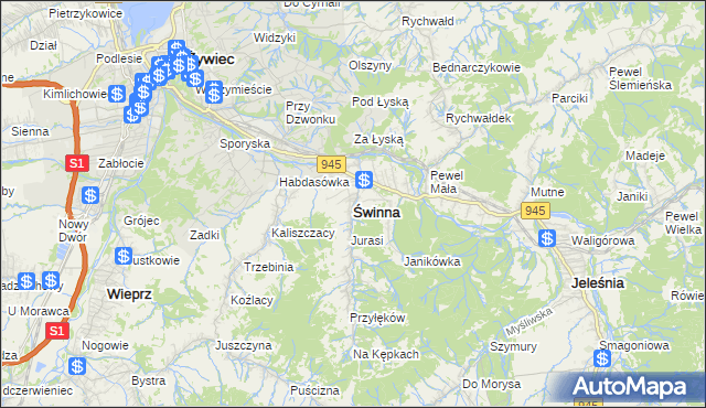 mapa Świnna powiat żywiecki, Świnna powiat żywiecki na mapie Targeo