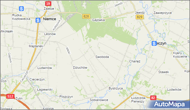 mapa Swoboda gmina Niemce, Swoboda gmina Niemce na mapie Targeo