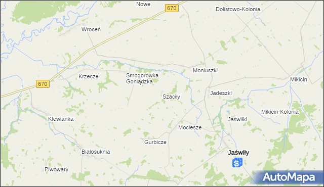 mapa Szaciły gmina Jaświły, Szaciły gmina Jaświły na mapie Targeo