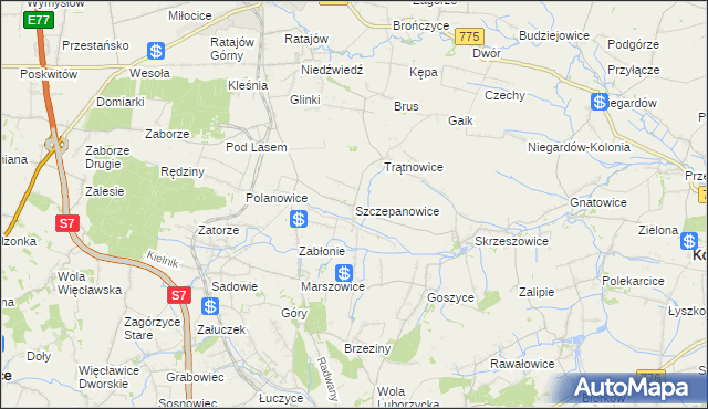 mapa Szczepanowice gmina Słomniki, Szczepanowice gmina Słomniki na mapie Targeo