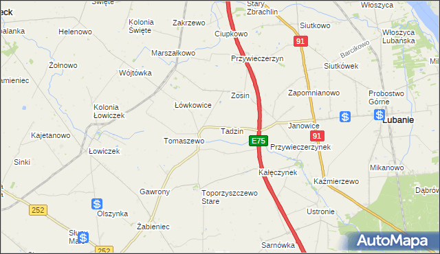 mapa Tadzin gmina Lubanie, Tadzin gmina Lubanie na mapie Targeo