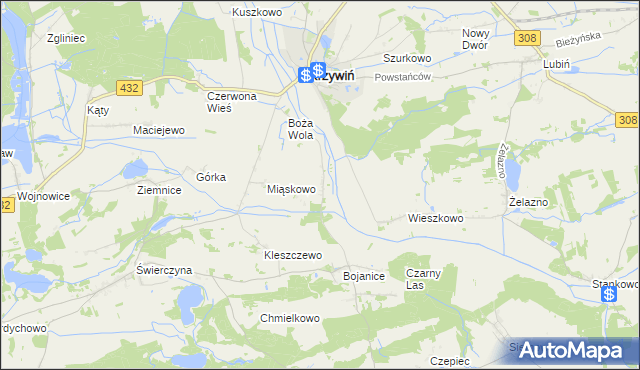 mapa Teklimyśl gmina Krzywiń, Teklimyśl gmina Krzywiń na mapie Targeo