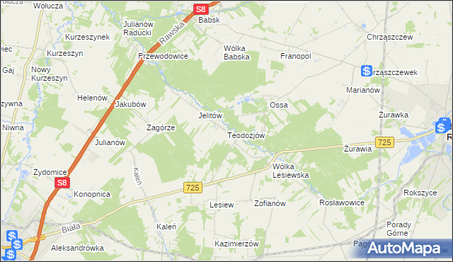 mapa Teodozjów gmina Biała Rawska, Teodozjów gmina Biała Rawska na mapie Targeo