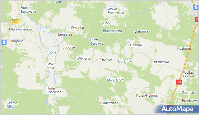 mapa Teofilów gmina Tarłów, Teofilów gmina Tarłów na mapie Targeo