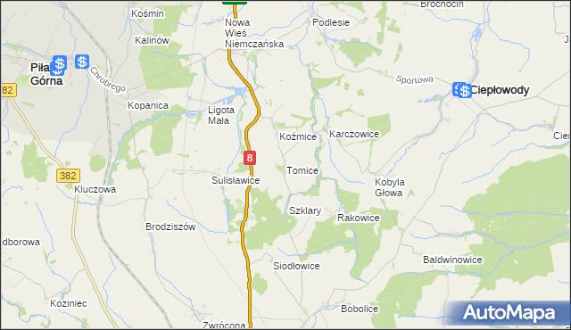 mapa Tomice gmina Ciepłowody, Tomice gmina Ciepłowody na mapie Targeo