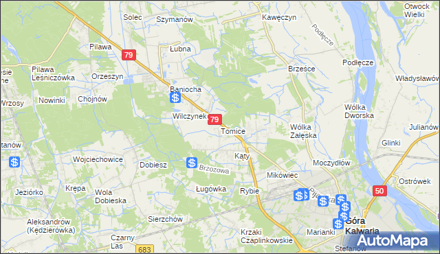 mapa Tomice gmina Góra Kalwaria, Tomice gmina Góra Kalwaria na mapie Targeo
