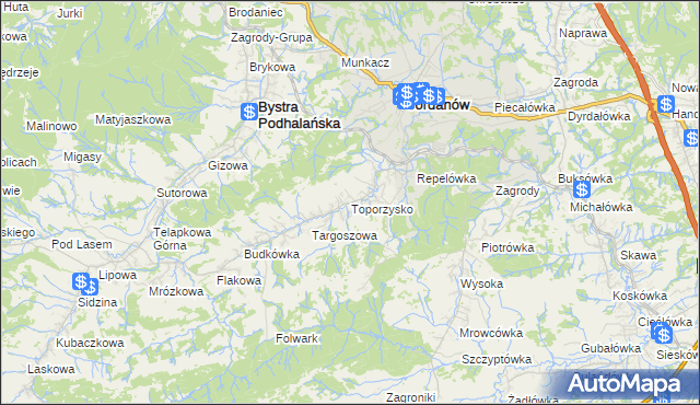 mapa Toporzysko gmina Jordanów, Toporzysko gmina Jordanów na mapie Targeo