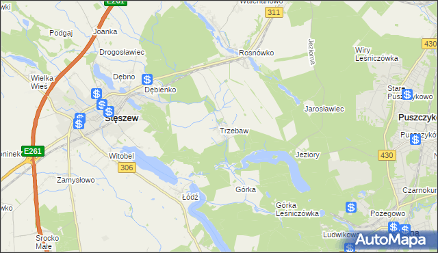 mapa Trzebaw gmina Stęszew, Trzebaw gmina Stęszew na mapie Targeo