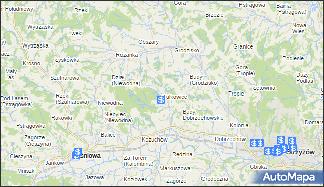 mapa Tułkowice gmina Wiśniowa, Tułkowice gmina Wiśniowa na mapie Targeo