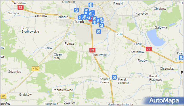 mapa Turkowice gmina Turek, Turkowice gmina Turek na mapie Targeo