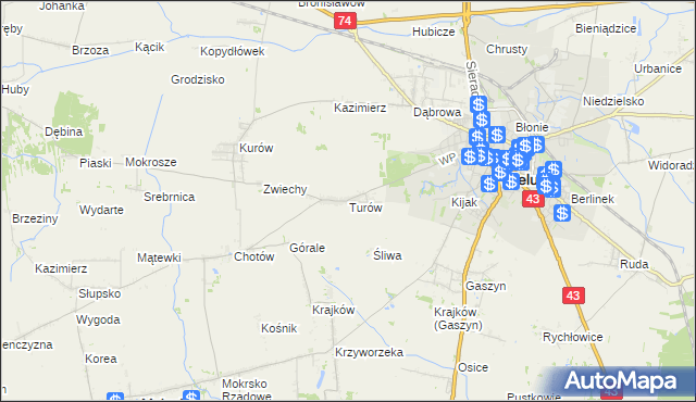 mapa Turów gmina Wieluń, Turów gmina Wieluń na mapie Targeo