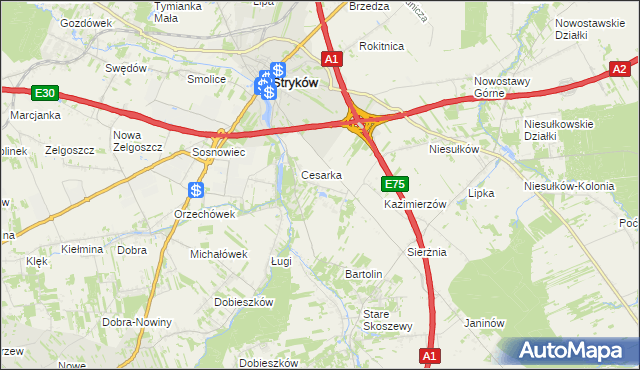 mapa Warszewice gmina Stryków, Warszewice gmina Stryków na mapie Targeo