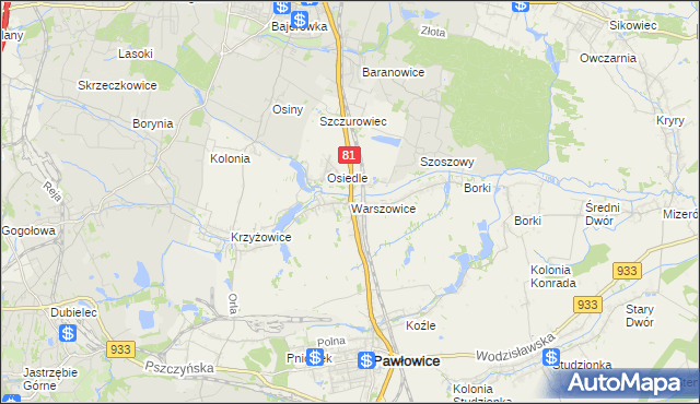 mapa Warszowice, Warszowice na mapie Targeo