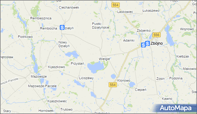 mapa Wielgie gmina Zbójno, Wielgie gmina Zbójno na mapie Targeo