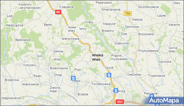 mapa Wielka Wieś powiat krakowski, Wielka Wieś powiat krakowski na mapie Targeo