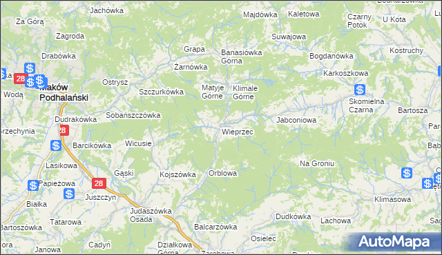 mapa Wieprzec gmina Maków Podhalański, Wieprzec gmina Maków Podhalański na mapie Targeo