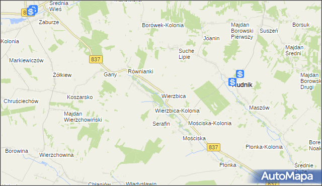 mapa Wierzbica gmina Rudnik, Wierzbica gmina Rudnik na mapie Targeo