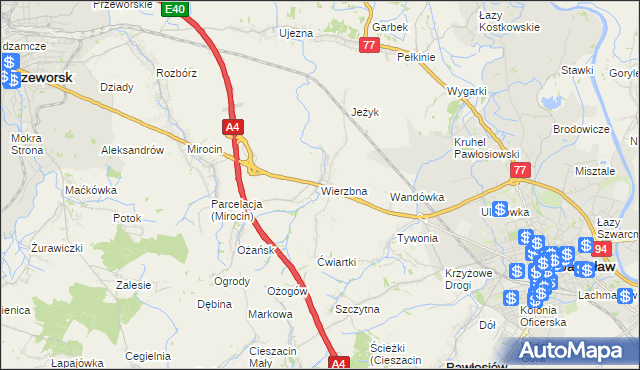 mapa Wierzbna gmina Pawłosiów, Wierzbna gmina Pawłosiów na mapie Targeo