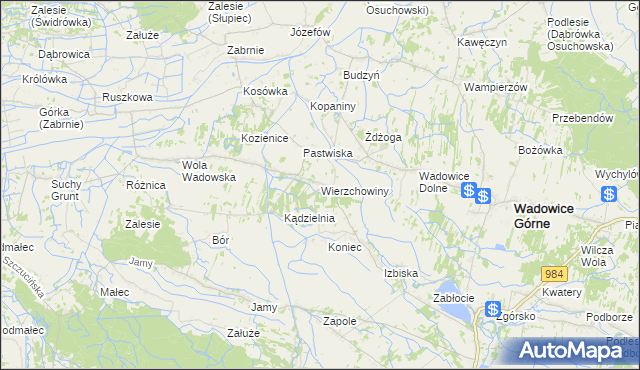 mapa Wierzchowiny gmina Wadowice Górne, Wierzchowiny gmina Wadowice Górne na mapie Targeo