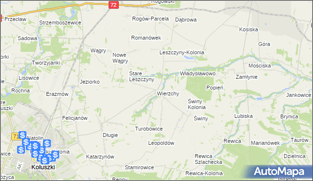 mapa Wierzchy gmina Koluszki, Wierzchy gmina Koluszki na mapie Targeo