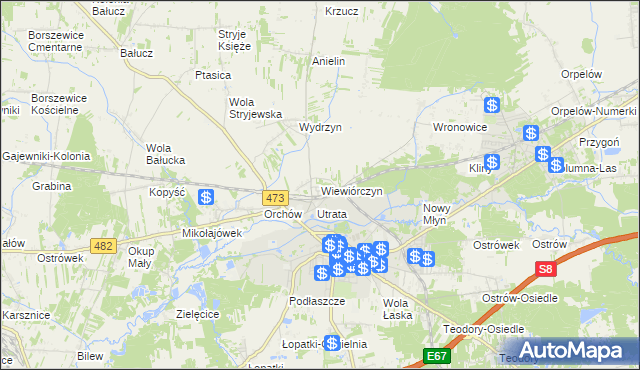 mapa Wiewiórczyn gmina Łask, Wiewiórczyn gmina Łask na mapie Targeo