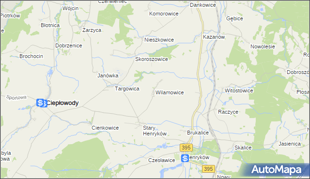 mapa Wilamowice gmina Ciepłowody, Wilamowice gmina Ciepłowody na mapie Targeo