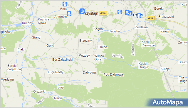 mapa Wilcza Góra gmina Przystajń, Wilcza Góra gmina Przystajń na mapie Targeo