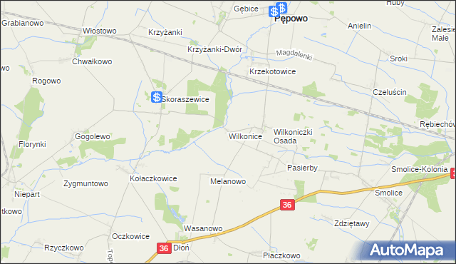 mapa Wilkonice gmina Pępowo, Wilkonice gmina Pępowo na mapie Targeo