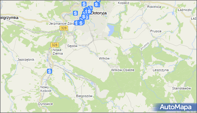 mapa Wilków gmina Złotoryja, Wilków gmina Złotoryja na mapie Targeo