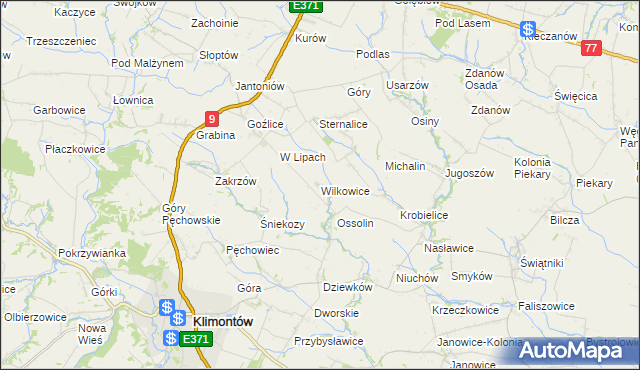 mapa Wilkowice gmina Klimontów, Wilkowice gmina Klimontów na mapie Targeo