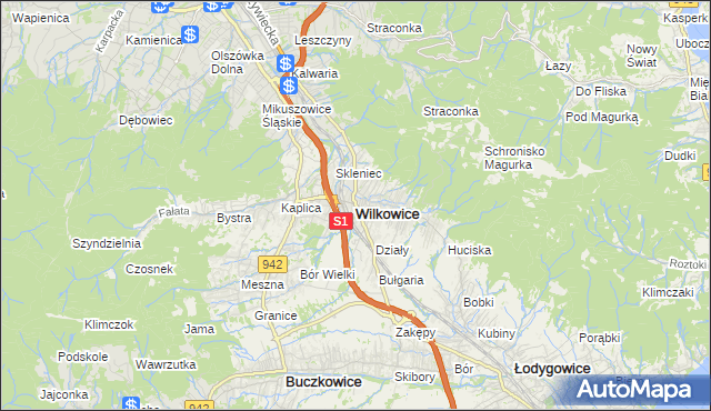 mapa Wilkowice powiat bielski, Wilkowice powiat bielski na mapie Targeo