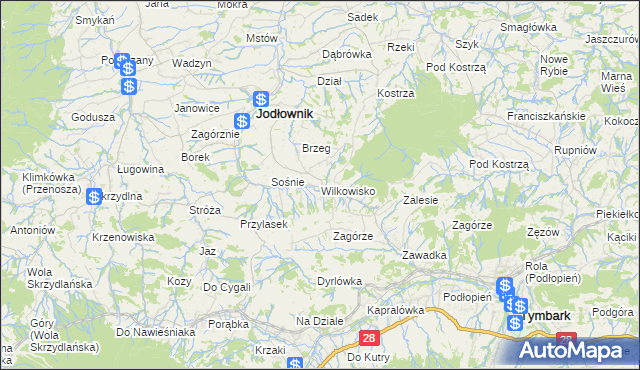 mapa Wilkowisko gmina Jodłownik, Wilkowisko gmina Jodłownik na mapie Targeo