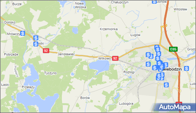 mapa Wilkowo gmina Świebodzin, Wilkowo gmina Świebodzin na mapie Targeo