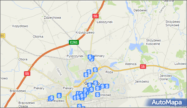 mapa Winiary gmina Gniezno, Winiary gmina Gniezno na mapie Targeo