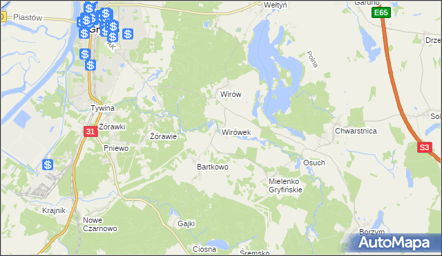 mapa Wirówek gmina Gryfino, Wirówek gmina Gryfino na mapie Targeo